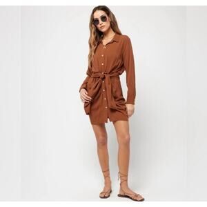 L*Space Aura Wrap Button Front Long Sleeve Dress Brown Large Resort New E23